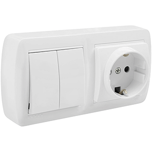 Base schuko + doble conmutador/interruptor de superficie blanco