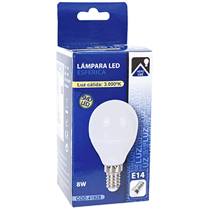 Lámpara LED esférica E14 8W 3000ºK