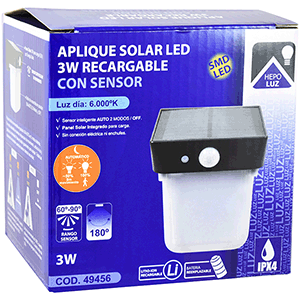 Aplique LED solar 3W 6000ºK con sensor de movimiento 