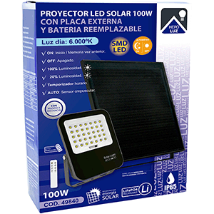 Proyector LED solar 100W  6000ºK. Batería reemplazable.